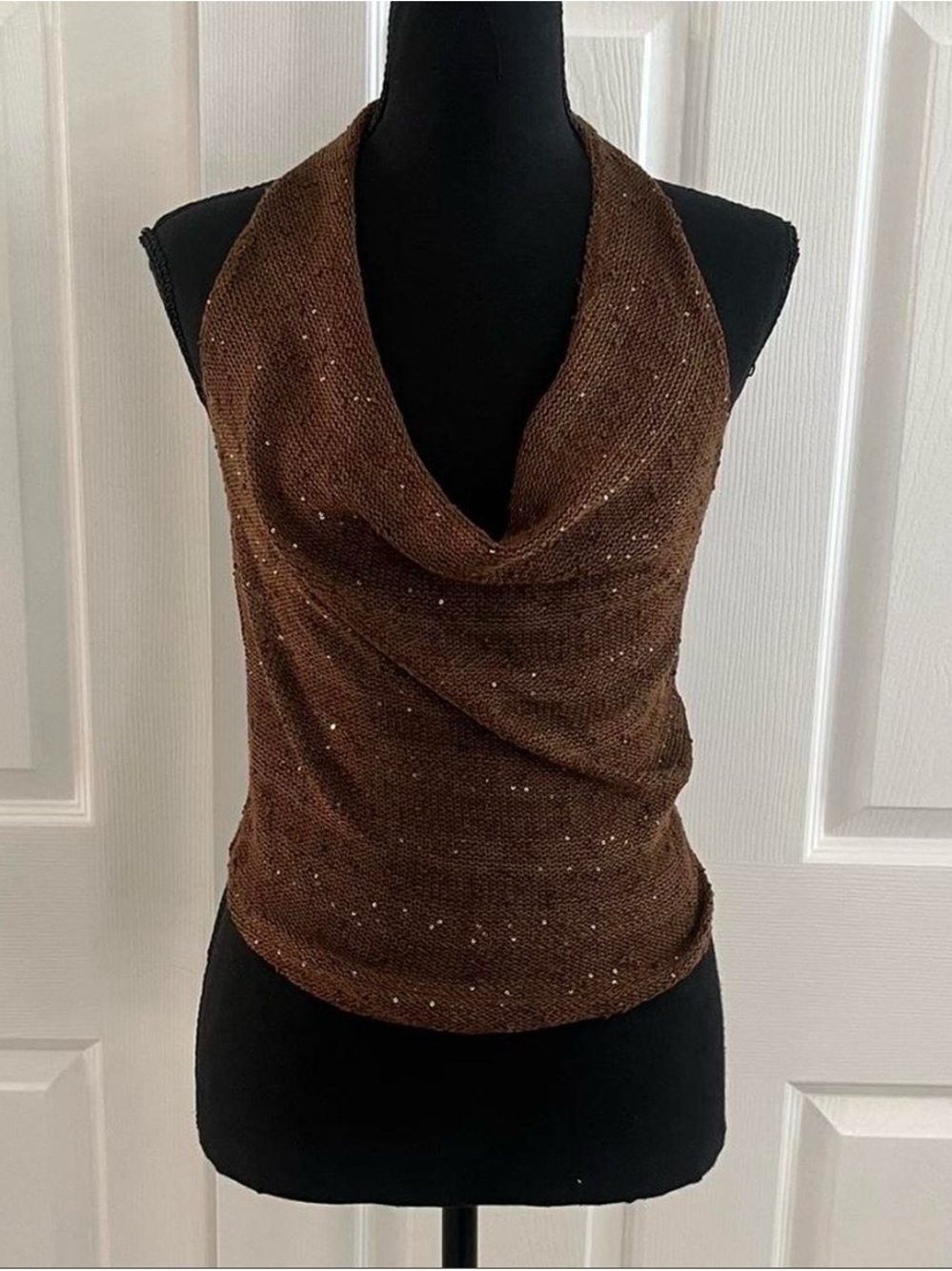 Sleeveless Brown Sequin knit Cowl Neck Top